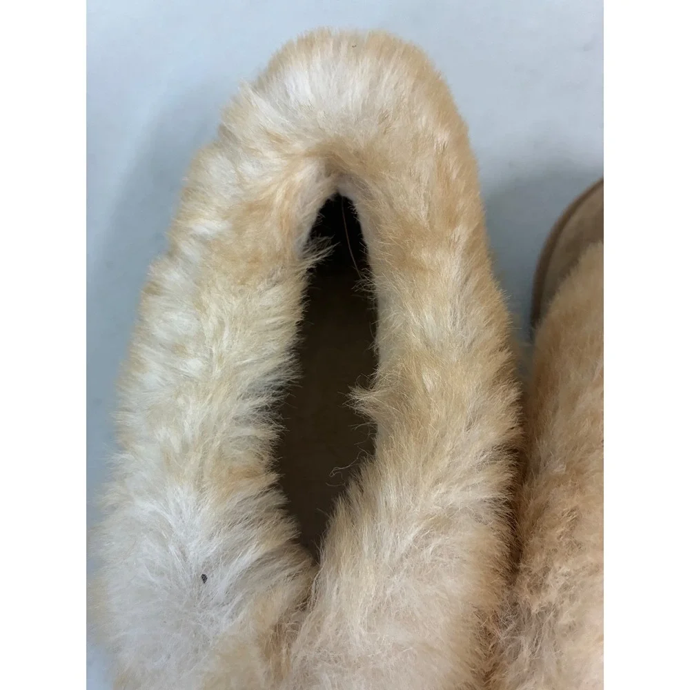 Kids Chestnut Brown Faux Fur Trim Suede Slippers House Shoes Size 12